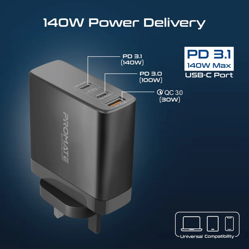 Promate GanCharge 3.1 PD 140W USB-C Fast Charger Promate GanCharge 3.1 PD 140W USB-C Fast Charger